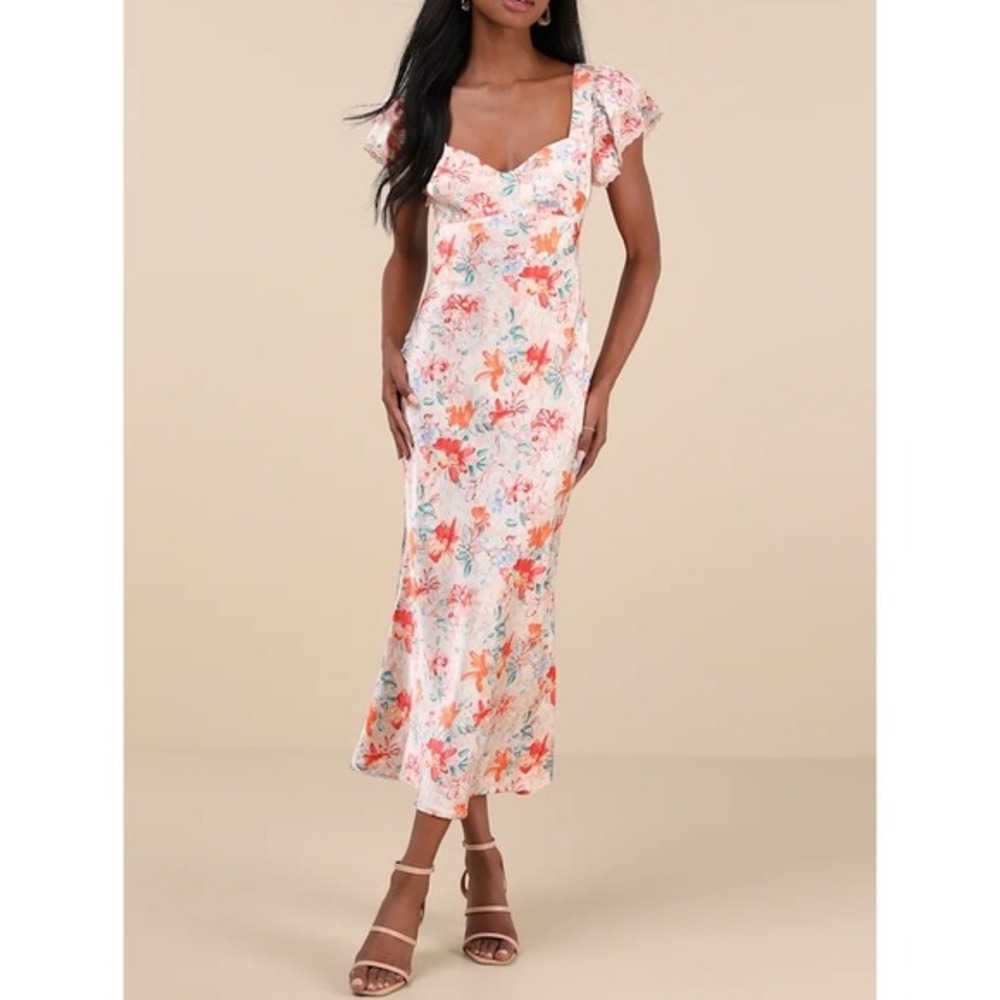 NWT Lulus Ryland Cream Multi Floral Satin‎ Flutter Sleeve Midi Dress Open Back M